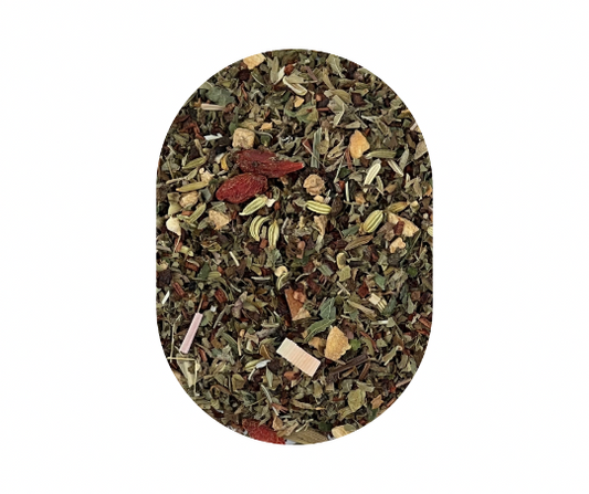 photo of Le Tea Life Any Day Detox tea ingredients including  Organic lemon myrtle, organic goji berries, organic honeybush, organic ginger root, organic fennel seed, organic lemongrass.