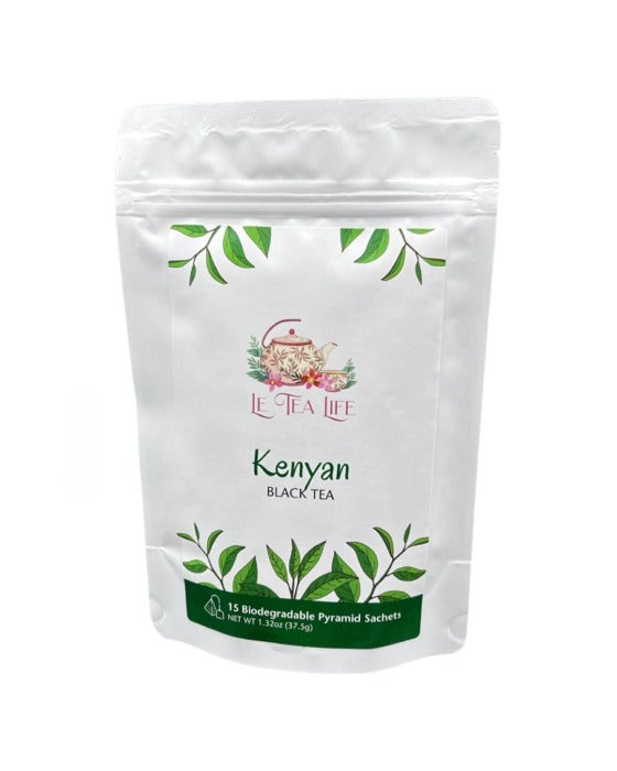 White and green Kenyan Black Tea packaging of 15 biodegradable sachets